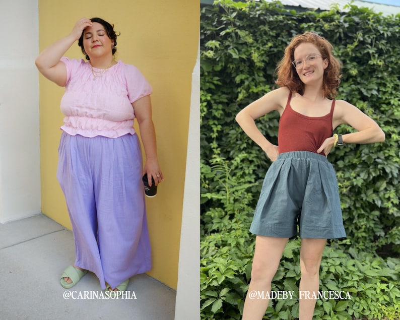 May include: Two people wearing different styles of pants. The person on the left is wearing a pink top and lavender wide-leg pants. The person on the right is wearing a red tank top and teal shorts. The text "@carinasophia" is at the bottom left of the image and the text "@madeby_francesca" is at the bottom right of the image.