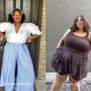 May include: Two people wearing different outfits. The person on the left is wearing a white crop top with a blue and white striped wide-leg pant. The person on the right is wearing a brown tank top with a plaid short. Both people are standing in front of a brick wall.