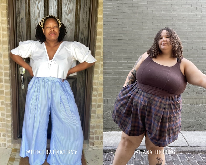 May include: Two people wearing different outfits. The person on the left is wearing a white crop top with a blue and white striped wide-leg pant. The person on the right is wearing a brown tank top with a plaid short. Both people are standing in front of a brick wall.