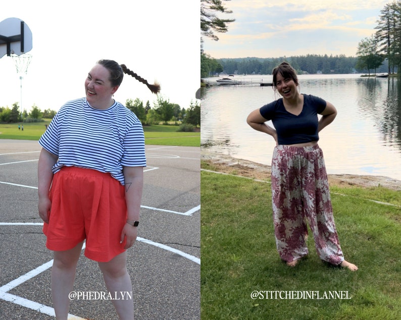 May include: Two people wearing casual summer outfits. The person on the left is wearing a striped blue and white t-shirt and red shorts. The person on the right is wearing a black crop top and floral print pants. The text '@PHEDRA.LYN' is at the bottom left of the image and the text '@STITCHEDINFLANNEL' is at the bottom right of the image.