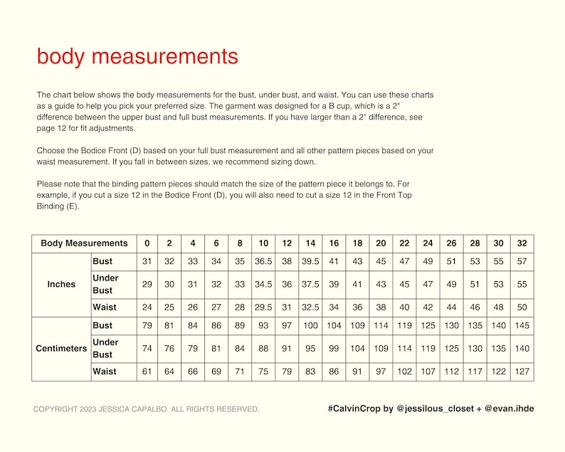 May include: A chart showing body measurements for bust, under bust, and waist in inches and centimetres. The chart includes measurements for sizes 0 to 32. The chart is titled 'Body Measurements'.