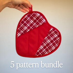 May include: A heart-shaped red and white plaid oven mitt with a red trim and a hanging loop. The mitt has a quilted design and the text "5 pattern bundle" is displayed at the bottom.