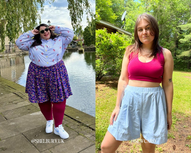 May include: Two people wearing different outfits. The person on the left is wearing a blue and white striped shirt, a floral skirt, and red tights. The person on the right is wearing a red tank top and light blue shorts. The text "@SHELBURY.UK" is at the bottom left of the image and the text "@SEWCARO" is at the bottom right of the image.