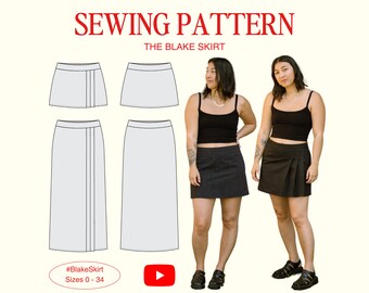 Patron de couture PDF de jupe Blake, taille 0-34 inclus, adapté aux débutants + tutoriel vidéo détaillé, minijupe plissée, patron de jupe taille mi-haute