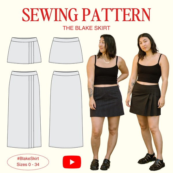 Blake Skirt PDF Sewing Pattern, Size Inclusive 0-34, Beginner-Friendly + Detailed Video Tutorial, Pleated Mini Skirt, Mid Rise Skirt Pattern