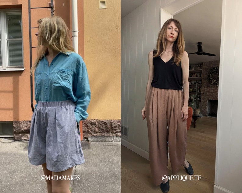 May include: Two women wearing different outfits. The woman on the left is wearing a light blue shirt and gray shorts. The woman on the right is wearing a black tank top and brown pants. Both women are wearing black shoes. The text "@MAUJAMAKES" is on the bottom left of the image and the text "@APPLIQUE.TE" is on the bottom right of the image.