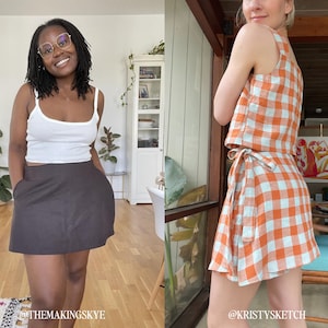 May include: Two women wearing different outfits. The woman on the left is wearing a white tank top and a brown skirt. The woman on the right is wearing a sleeveless orange and white gingham top and skirt. The skirt is tied at the waist with a sash. The caption on the bottom right reads "@kristysketch".