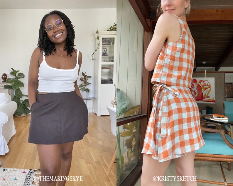 May include: Two women wearing different outfits. The woman on the left is wearing a white tank top and a brown skirt. The woman on the right is wearing a sleeveless orange and white gingham top and skirt. The skirt is tied at the waist with a sash. The caption on the bottom right reads "@kristysketch".