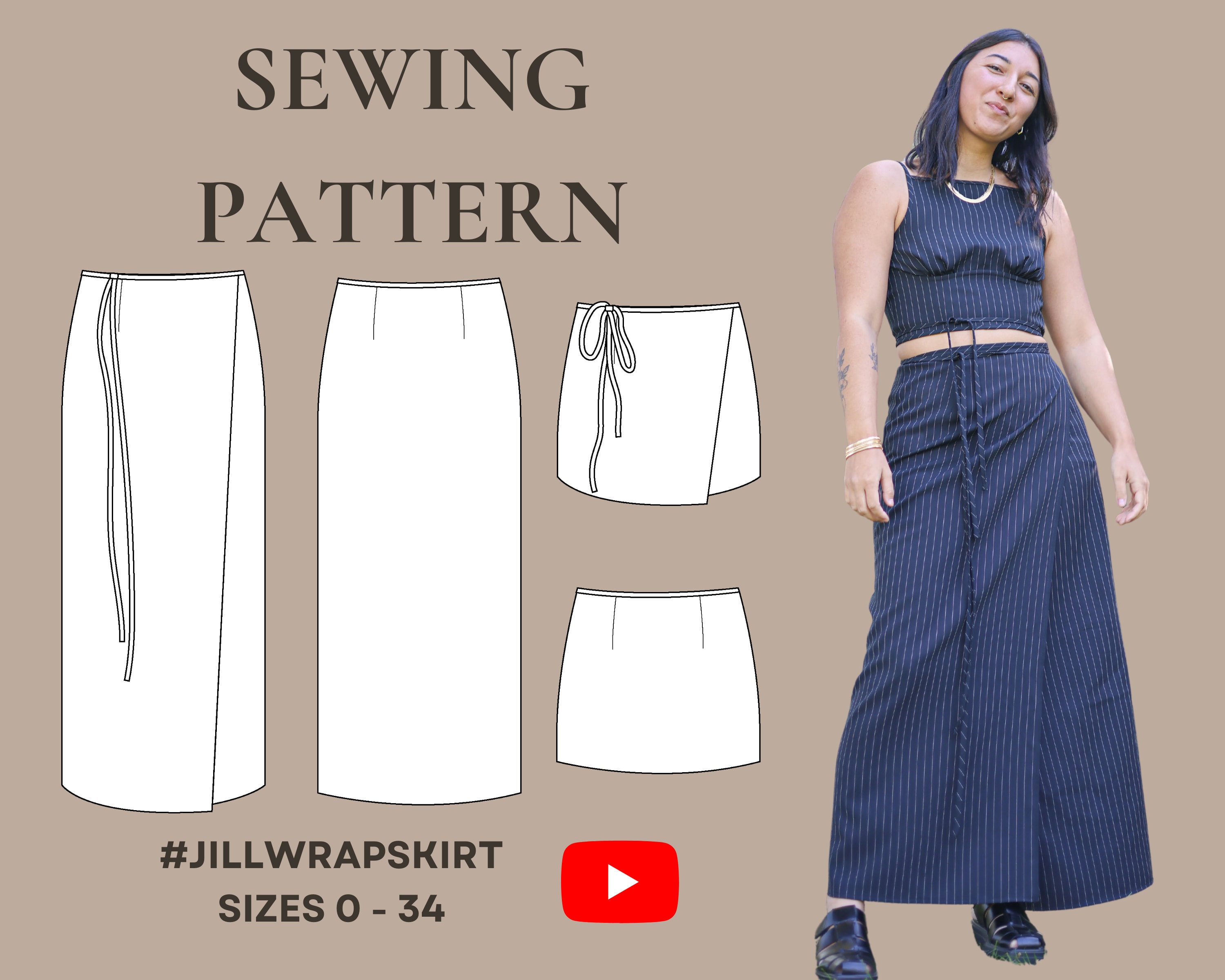 Jill Wrap Skirt PDF Sewing Pattern, Size Inclusive 0-34, Beginner