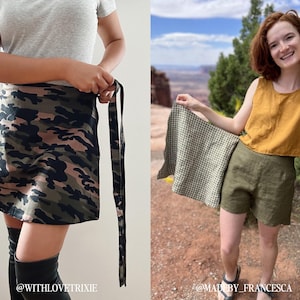 May include: Two women wearing different styles of wrap skirts. The first woman is wearing a camouflage wrap skirt with a long tie. The second woman is wearing a green linen wrap skirt with a checkered fabric peeking out from underneath. The text "@WITHLOVETRIXIE" is at the bottom left of the image and the text "@MADEBY_FRANCESCA" is at the bottom right of the image.