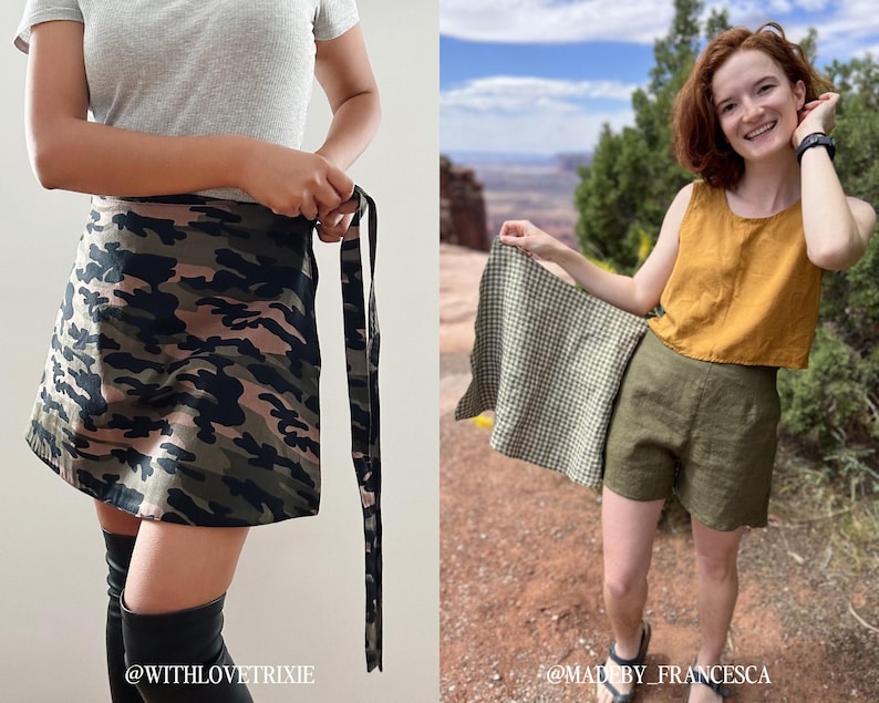 May include: Two women wearing different styles of wrap skirts. The first woman is wearing a camouflage wrap skirt with a long tie. The second woman is wearing a green linen wrap skirt with a checkered fabric peeking out from underneath. The text "@WITHLOVETRIXIE" is at the bottom left of the image and the text "@MADEBY_FRANCESCA" is at the bottom right of the image.