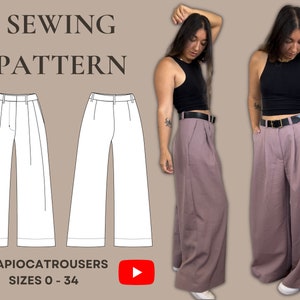 Tapioca Trousers PDF Pattern, Sizes 0-34, Beginner Sewing Pattern + Video Tutorial, Wide Leg Pants, Pleated Trousers, Wide Leg Trousers