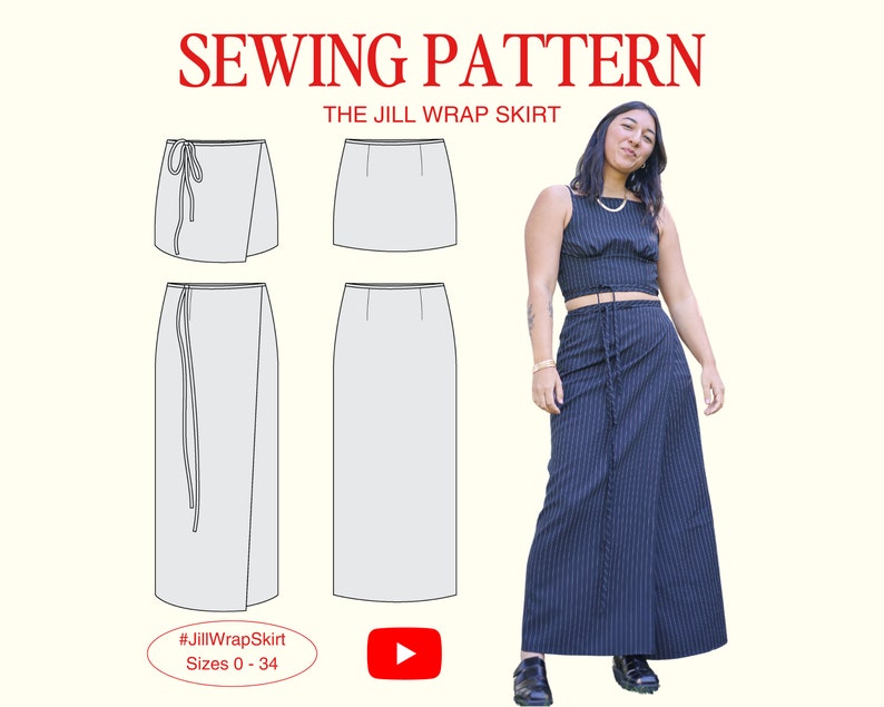 Jill Wrap Skirt PDF Sewing Pattern, Size Inclusive 0-34, Beginner-Friendly Detailed Video Tutorial, Maxi Skirt, Mini Skirt, Wrap Around image 1
