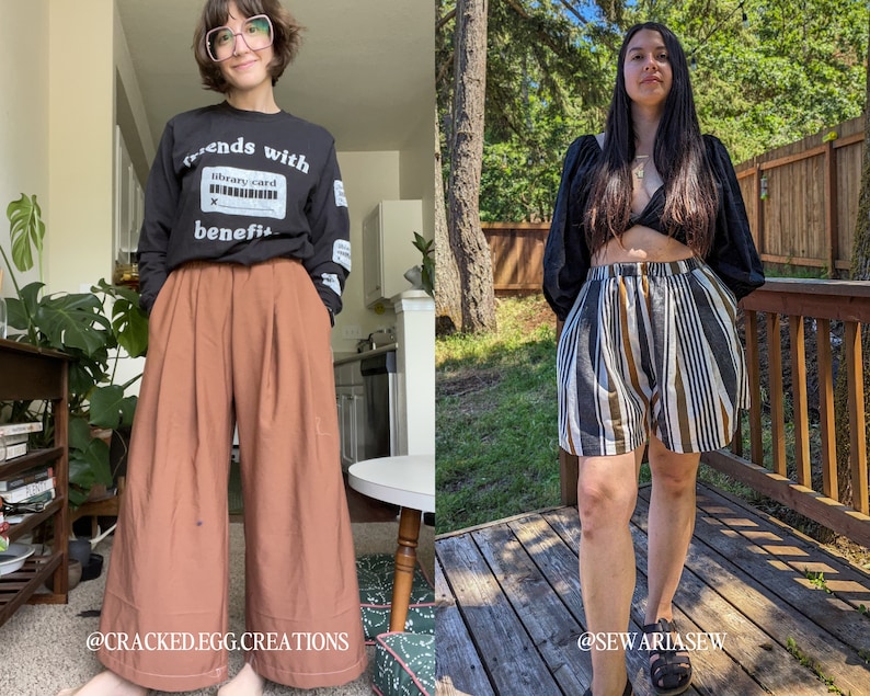 May include: Two women wearing different styles of pants. The woman on the left is wearing a black long-sleeved shirt with the text "trends with library card benefit" and brown wide-leg pants. The woman on the right is wearing a black crop top with a black and white striped pair of shorts.