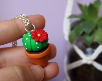 Cactus Necklace Succulent Plant in fimo - Red flower