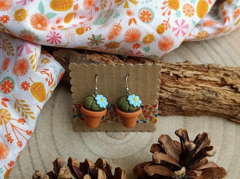 Fimo Cactus Succulent Plant pendant earrings Orange flower image 6