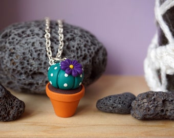 Fimo Cactus Succulent Plant Necklace - Purple Flower