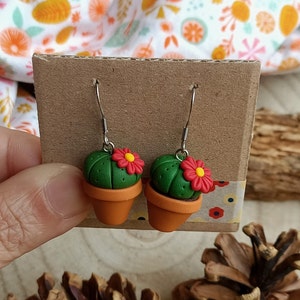 Fimo Cactus Succulent Plant pendant earrings Orange flower Rosso