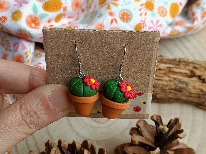 Fimo Cactus Succulent Plant pendant earrings Orange flower Rosso