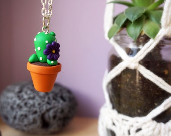 Fimo Cactus Succulent Plant Necklace - Purple Flower