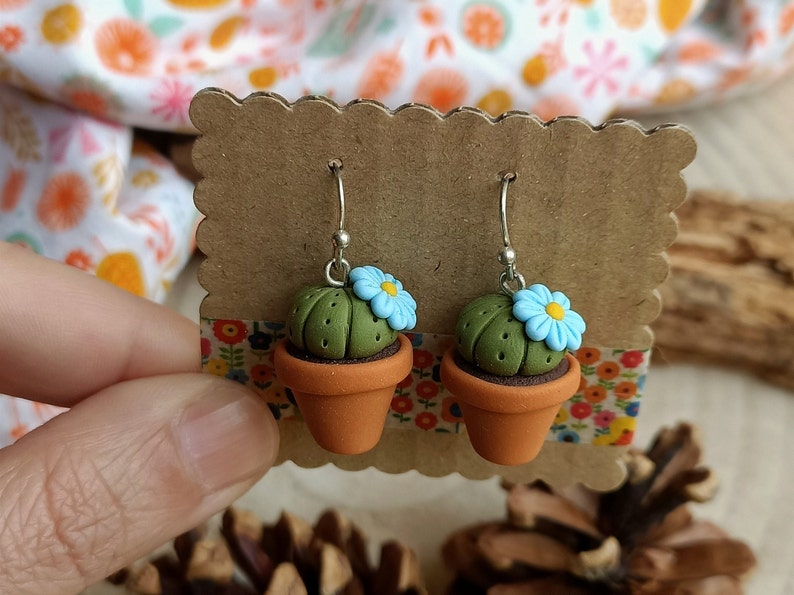 Fimo Cactus Succulent Plant pendant earrings Orange flower Azzurro
