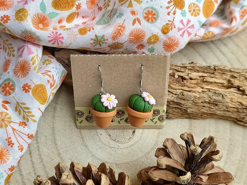 Fimo Cactus Succulent Plant pendant earrings Orange flower image 4