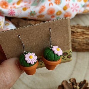 Fimo Cactus Succulent Plant pendant earrings Orange flower Rosa