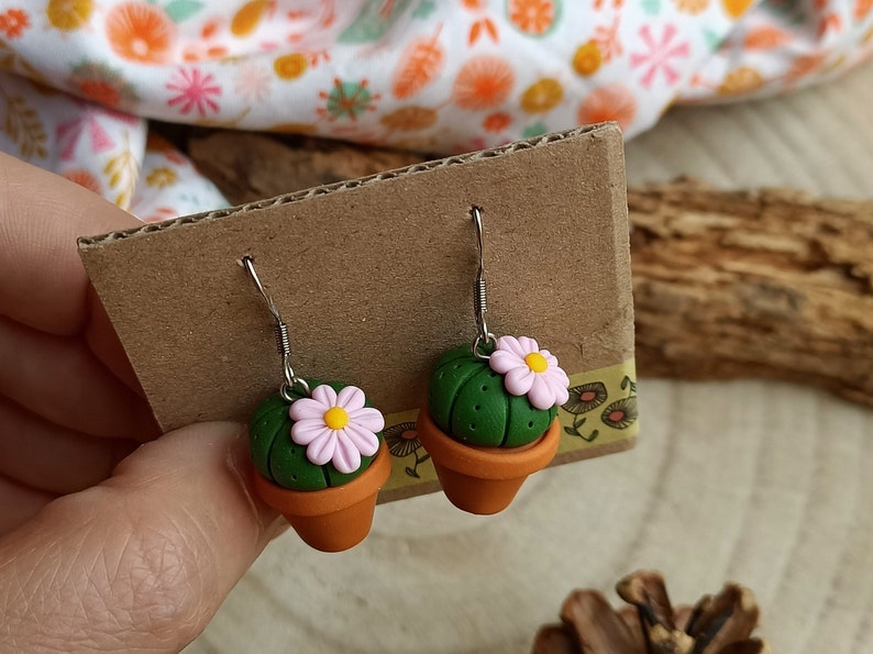 Fimo Cactus Succulent Plant pendant earrings Orange flower Rosa