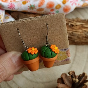 Fimo Cactus Succulent Plant pendant earrings Orange flower Arancione