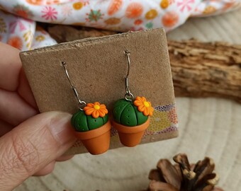 Orecchini pendenti Cactus Pianta Grassa in fimo - Fiore arancione