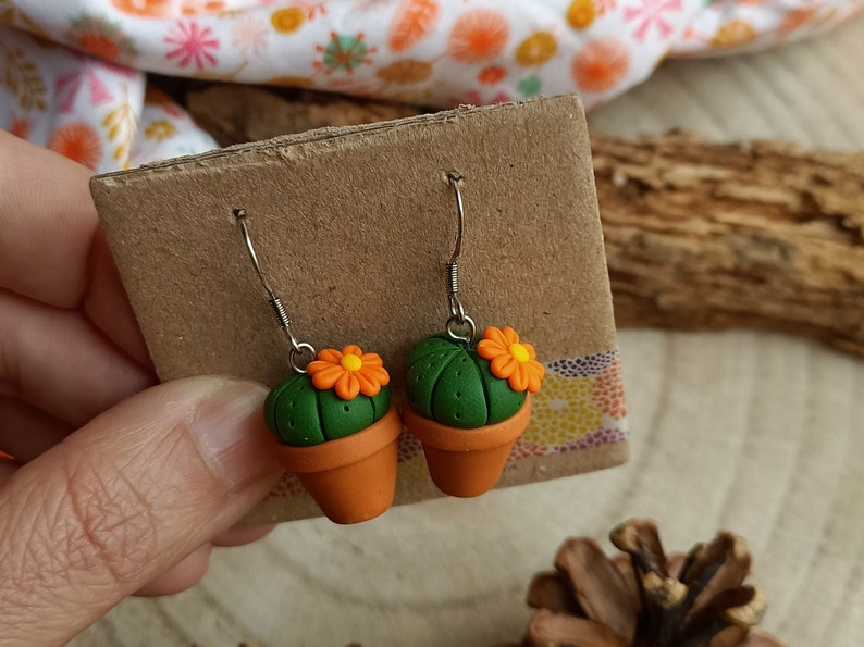 Fimo Cactus Succulent Plant pendant earrings Orange flower Arancione