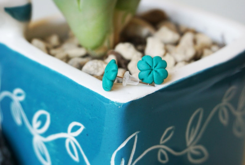 Fimo Four Leaf Clover stud earrings. Lucky earrings image 1