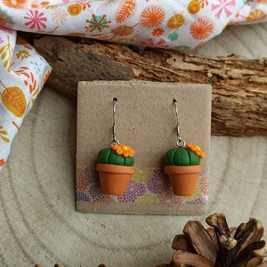 Fimo Cactus Succulent Plant pendant earrings Orange flower image 2