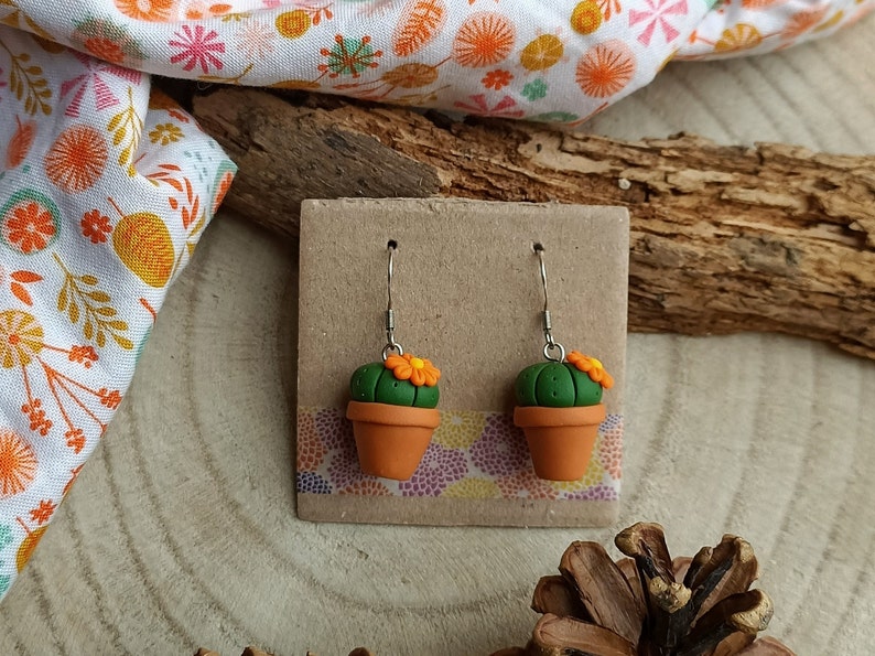 Fimo Cactus Succulent Plant pendant earrings Orange flower image 2