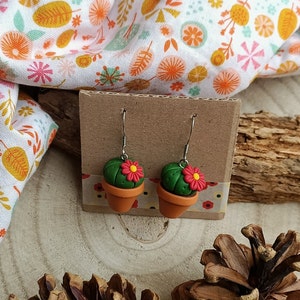 Fimo Cactus Succulent Plant pendant earrings Orange flower image 8