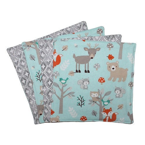 Flannel Wipes, Cloth Napkins, Kids Napkins, Back to School, Woodland Animals, Blue Gray Orange, Square Napkins, Toddler Gift, Party Decor