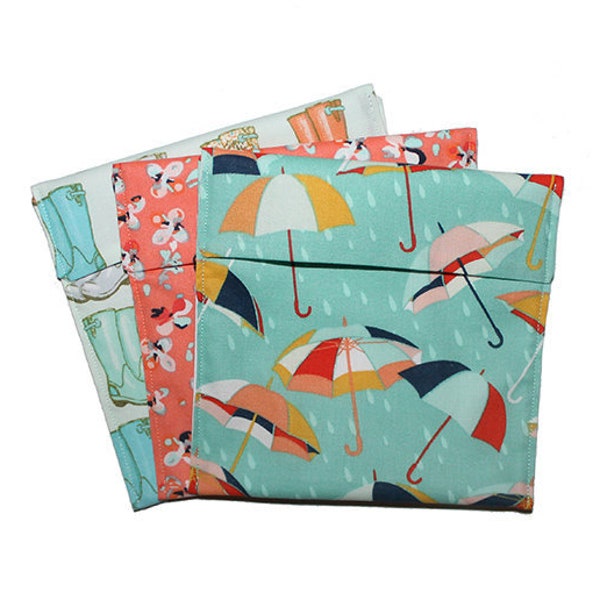 Snack Bag Set, Fold Top Baggies, Aqua Coral, Sandwich Baggies, Colorful Umbrellas, Rain Boot Print, Reusable Snack Bags, Zero Waste