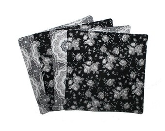 Servilletas para adultos, toallitas de franela, servilletas negras y grises, estampado de rosas, servilletas reutilizables, regalo sostenible, regalo para compañeros de trabajo