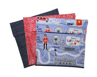 London Gift, Sandwich Bag Set, Cloth Snack Baggies, Blue Red, English Gift, Reusable Snack Bags, Fold Top Baggies, Kids Snack Bags