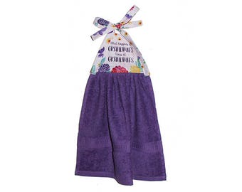 Grandma Gift, Mothers Day Gift, Funny Quote Towel, Stays at Grandmas, Purple Hand Towel, Colorful Flowers, Grandmother Gift, Nana Gift