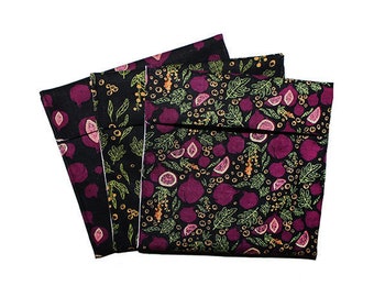 Bolsas plegables, Bolsa de sándwich ecológico, Juego de bolsas de bocadillos, Impresión de frutas, Bolsas de bocadillos de tela, Bolsas de almuerzo para adultos, Púrpura negro, Regalo de compañero de trabajo, Día de las Madres