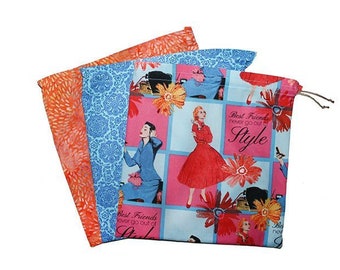 Best Friend Gift, Vintage Style Bags, Drawstring Pouch, Orange Pink Blue, Birthday Gift Bag, Eco Gift Baggies, Twine Top Bags, Medium Bags