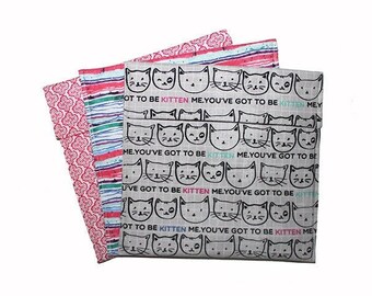 Eco Sandwich Bags, Cat Lover Gift, Kitten Me, Reusable Snack Bags, Snack Baggie Set, Gray Pink Green, Kids Snack Bags, Zero Waste Bags