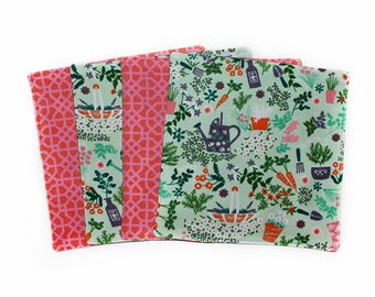 Regalo de jardinero, servilletas reutilizables, servilletas de verano, toallitas de franela, servilletas de tela, verde y rosa, estampado de jardinería, regalo para el Día de la Madre, regalos por menos de 10 dólares