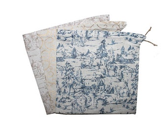 Christmas Gift Bags, Fabric Gift Wrap, Eco Gift Wrap, Reusable Gift Bags, Blue Beige, Glitter Gift Bag, Christmas Village, Gift Bag Set