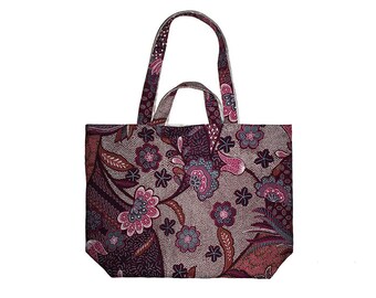 Reversible Tote, Large Tote Bag, Tote Bag Canvas, Purple Beige, Ooak Bags, Maroon Accessory, Dot Art, Floral Bag, Beige Travel Bag