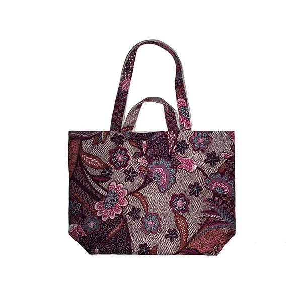 Reversible Tote, Large Tote Bag, Tote Bag Canvas, Purple Beige, Ooak Bags, Maroon Accessory, Dot Art, Floral Bag, Beige Travel Bag