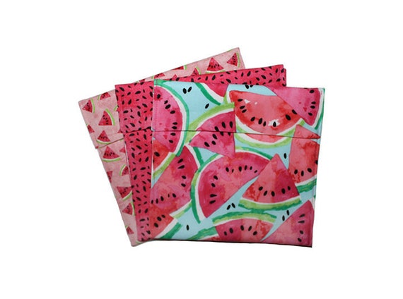 Watermelon Bag, Reusable Snack Bags, Zero Waste, Pink Blue Green, Fold Top  Baggies, Cloth Snack Bag, Sandwich Bag Set, Snack Pouch 