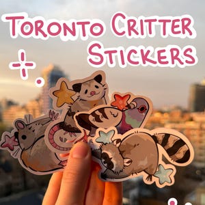 Könnte beinhalten: Eine Auswahl an "Toronto Critter Stickers" mit Cartoon-Illustrationen von Ratte, Opossum, Taube und Waschbär, jeweils mit einem Stern. Die Aufkleber haben weiße Ränder und sind vor einem verschwommenen Stadtbildhintergrund.