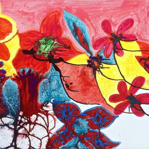 Bloemen en regen - origineel groot acrylschilderij op canvas